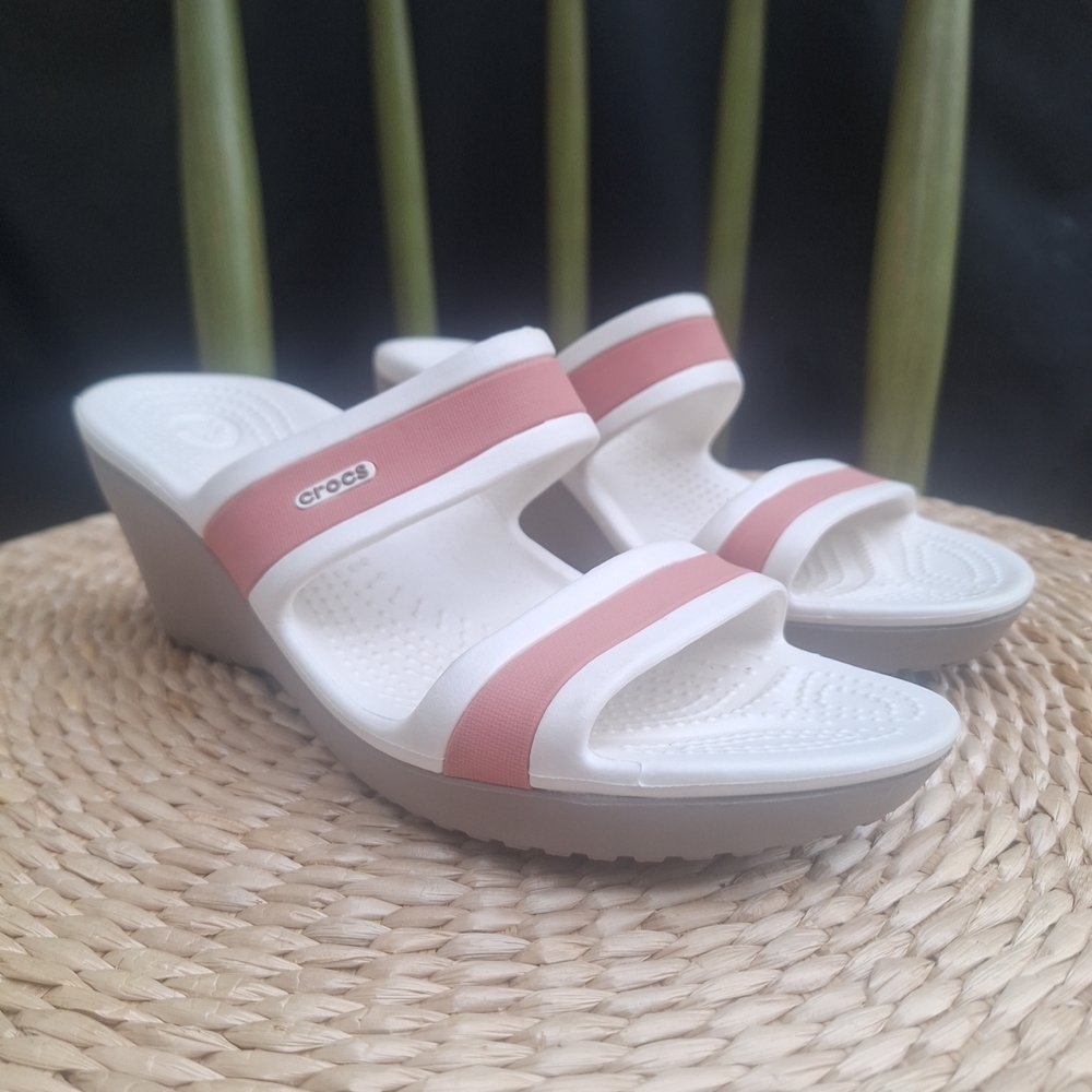CROCS Women's Wedge Sandals - White and Rose, Beige- Size 9